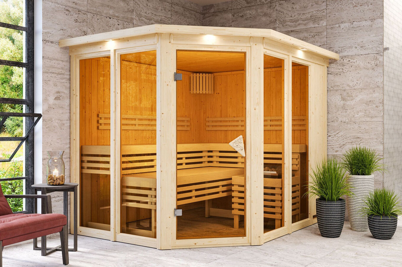 KARIBU Sauna Ainur, Fichtenholz 68 mm, Eckeinstieg, ca. 3,7m² 1 20264-5.jpg