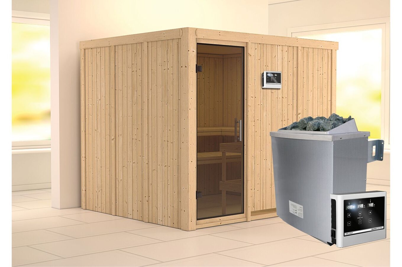 KARIBU Systemsauna Gobin, Fichtenholz 68mm, Fronteinstieg, ca. 4,5m² 1 18417-19.jpg