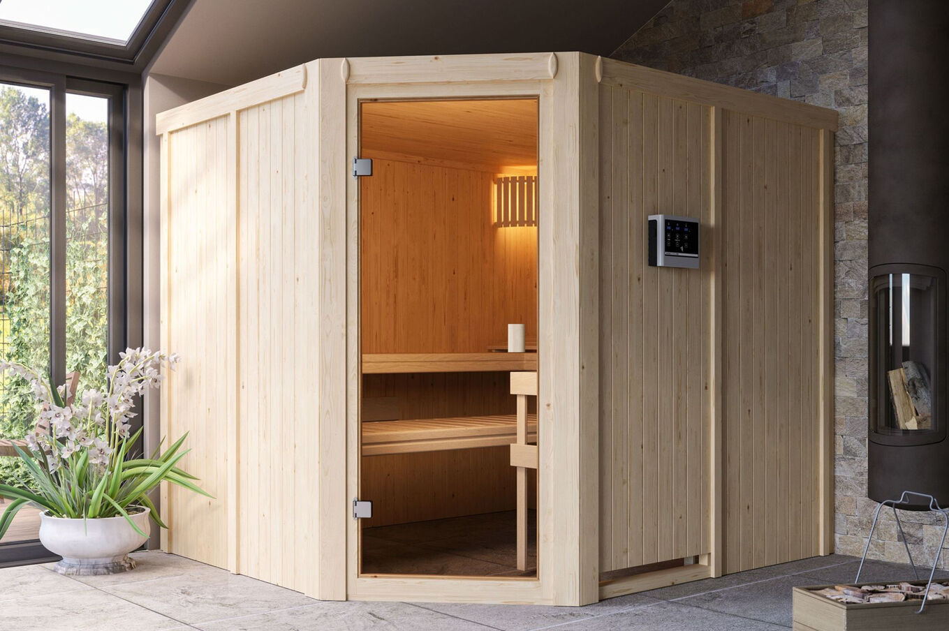 KARIBU Sauna Horna, Fichtenholz 68 mm, Eckeinstieg, ca. 4,2m² 1 20245-3.jpg