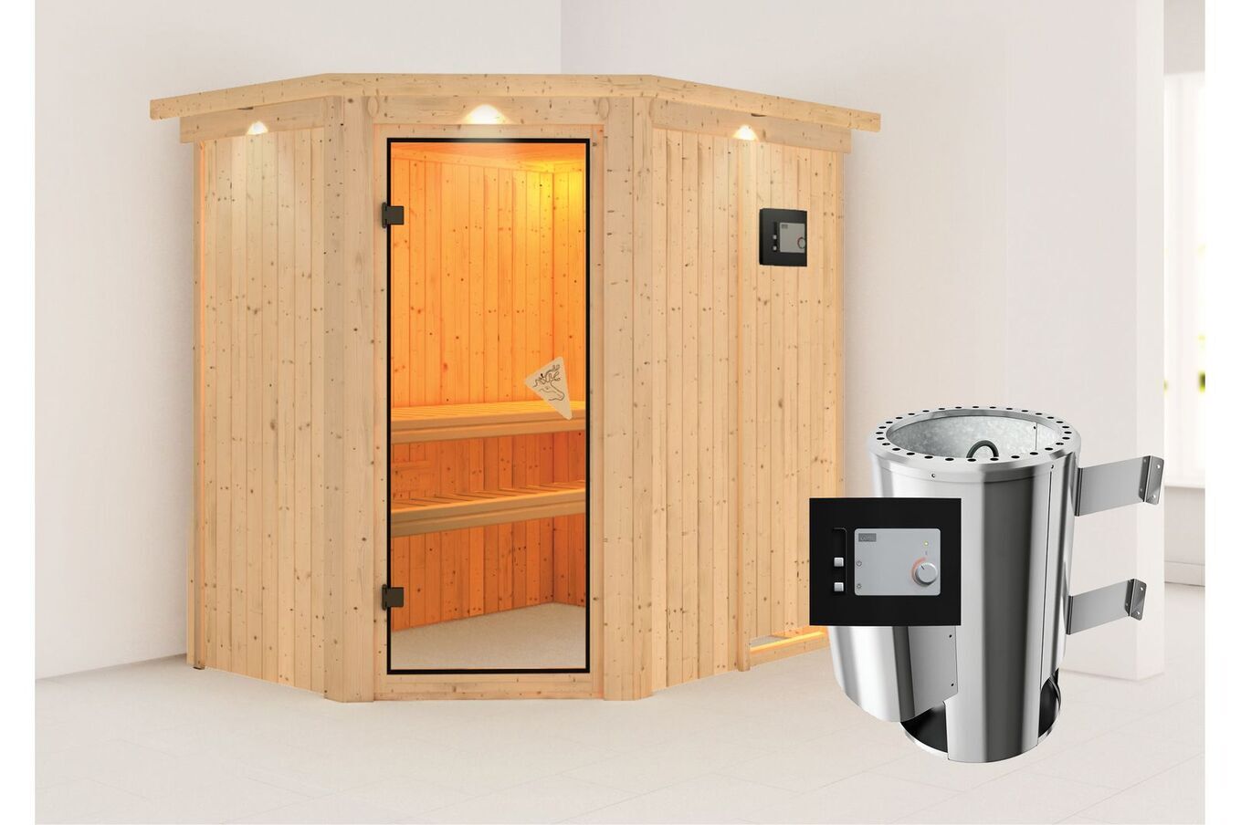 KARIBU Systemsauna Saja, Fichtenholz 68mm, Eckeinstieg, ca. 2,7m² 1 18461-15.jpg