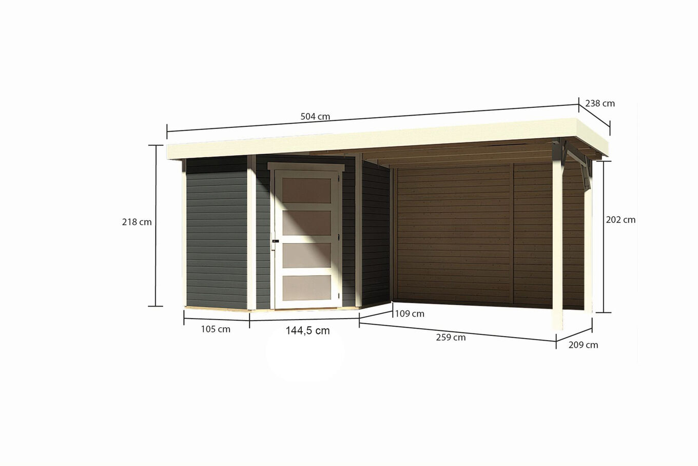 KARIBU Gartenhaus Schwandorf 3, terragrau, Fichtenholz 19mm, 504,5 x 217 x 218 cm, Flachdach, Anbau 2,8m mit Rückwand 30551-2 05.jpg