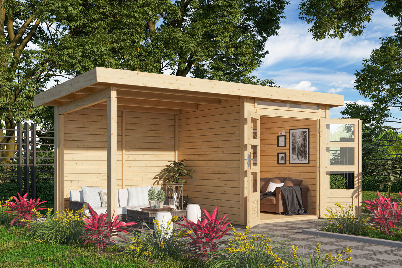 KARIBU Gartenhaus Kandern1 , naturbelassen, Fichtenholz 28mm, 482 x 204 x 41 cm, Flachdach, Anbau 2,35m mit Rückwand 30640-1 01.jpg