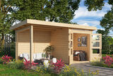KARIBU Gartenhaus Kandern1 , naturbelassen, Fichtenholz 28mm, 482 x 204 x 41 cm, Flachdach, Anbau 2,35m mit Rückwand 30640-1 01.jpg