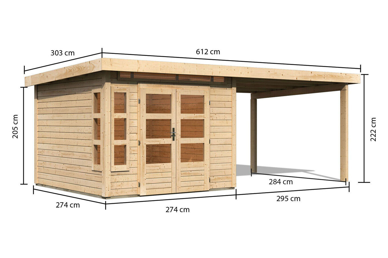 KARIBU Gartenhaus Kastorf 6, naturbelassen, Fichtenholz 28mm, 612 x 274 x 222 cm, Flachdach, Anbau 3,2m 30467-1 05.jpg