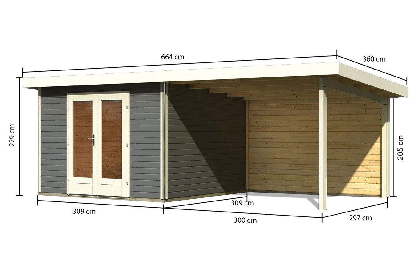 KARIBU Gartenhaus Radeburg 1, terragrau, Fichtenholz 40mm, 664 x 309 x 229,5 cm, Pultdach, Anbau 3,3m mit Rückwand 30475-2 05.jpg