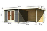 KARIBU Gartenhaus Radeburg 1, terragrau, Fichtenholz 40mm, 664 x 309 x 229,5 cm, Pultdach, Anbau 3,3m mit Rückwand 30475-2 05.jpg