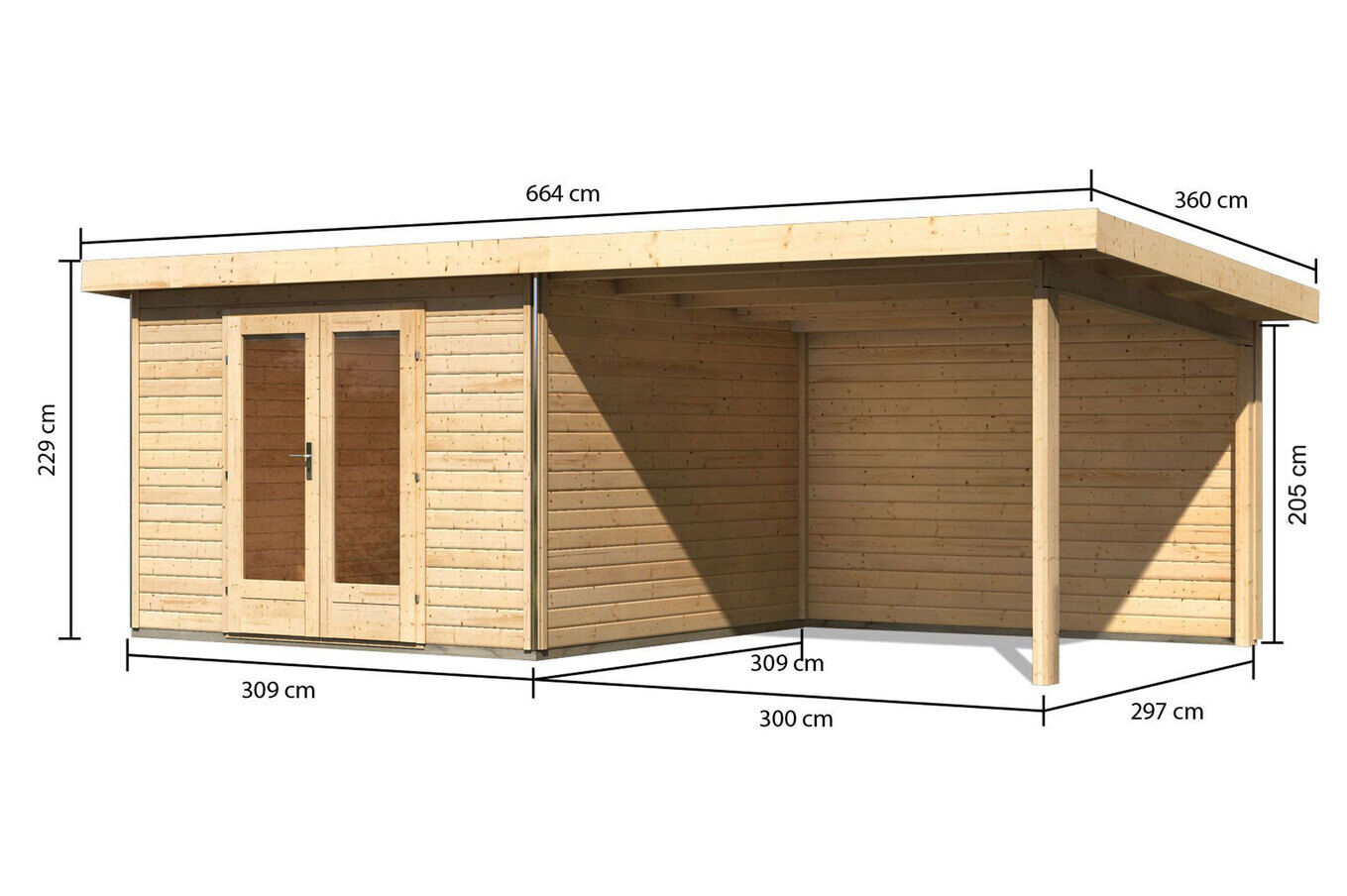 KARIBU Gartenhaus Radeburg 1, naturbelassen, Fichtenholz 40mm, 664 x 309 x 229,5 cm, Pultdach, Anbau 3,3m mit Rückwand 30475-1 05.jpg