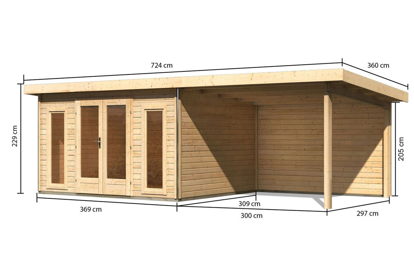KARIBU Gartenhaus Radeburg 2, naturbelassen, Fichtenholz 40mm, 724 x 309 x 229,5 cm, Pultdach, Anbau 3,3m mit Rückwand 30478-1 05.jpg