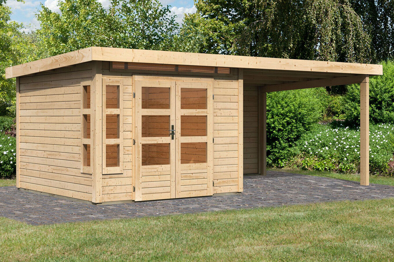 KARIBU Gartenhaus Kastorf6 , naturbelassen, Fichtenholz 28mm, 612 x 274 x 222 cm, Flachdach, Anbau 3,2m mit Rückwand 30468-1 01.jpg