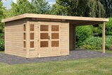 KARIBU Gartenhaus Kastorf6 , naturbelassen, Fichtenholz 28mm, 612 x 274 x 222 cm, Flachdach, Anbau 3,2m mit Rückwand 30468-1 01.jpg