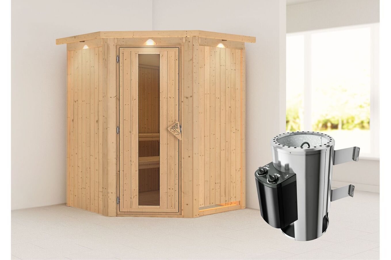 KARIBU Systemsauna Nanja, Fichtenholz 68mm, Eckeinstieg, ca. 2m² 1 18456-6.jpg