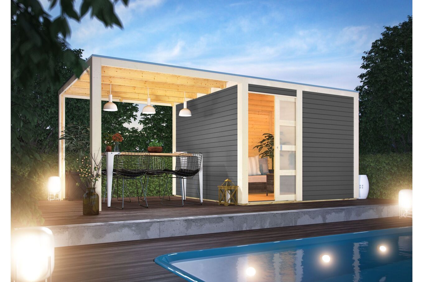 KARIBU Exklusivmodell Quadro Set Gartenhaus, terragrau, nordische Fichte, 545 x 275 x 214 cm, mit Anbaudach 33794-4 01.jpg