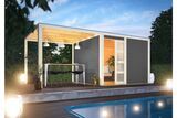 KARIBU Exklusivmodell Quadro Set Gartenhaus, terragrau, nordische Fichte, 545 x 275 x 214 cm, mit Anbaudach 33794-4 01.jpg