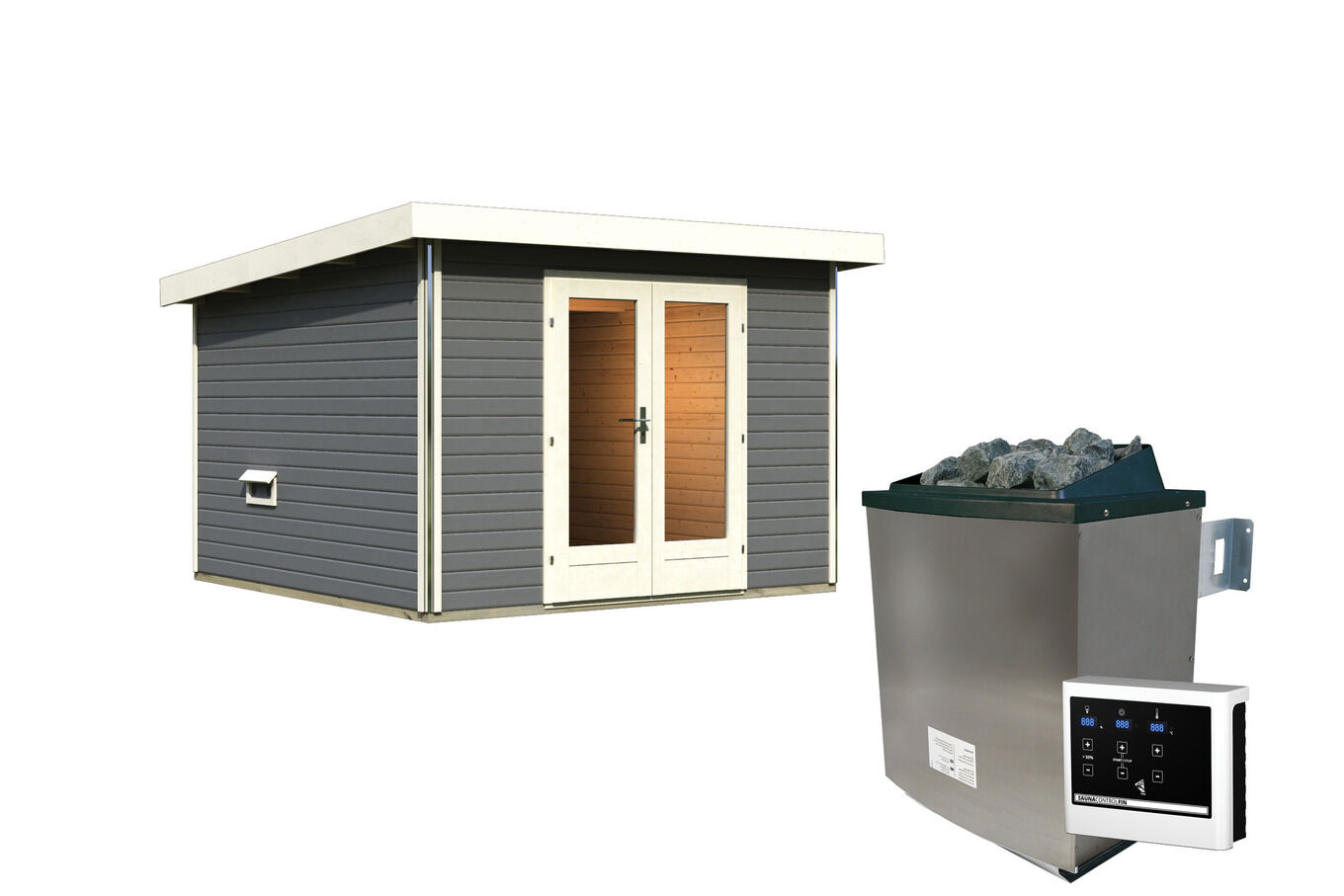 KARIBU Mainburg 1 Saunahaus, terragrau, Fichte, 309x309x229 cm, SET 1 mit Doppelflügeltür, Vorraum und 9 kW Ofen 31317-5 03.jpg