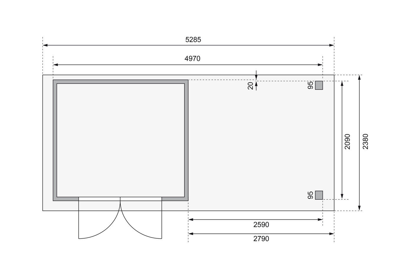 KARIBU Gartenhaus Askola 3, naturbelassen, Fichtenholz 19mm, 528,5 x 217 x 211 cm, Flachdach, seitlicher Anbau 2,8m mit Rückwand 30540-3 06.jpg