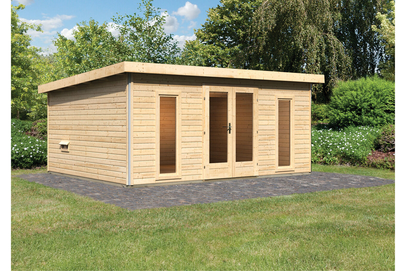 KARIBU Mainburg 4 Saunahaus, naturbelassen, Fichte, 490x368x229 cm, SET A mit Doppelflügeltür und Vorraum 31323-1 01.jpg