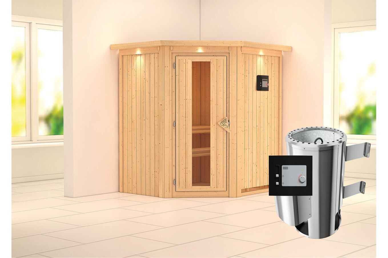 KARIBU Systemsauna Tonja, Fichtenholz 68mm, Eckeinstieg, ca. 2,3m² 1 18458-7.jpg
