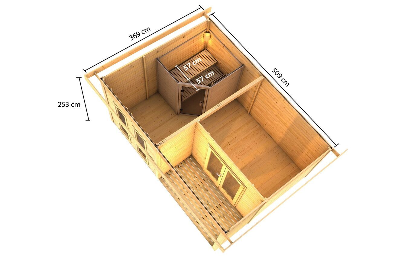 KARIBU Mainburg 5 Saunahaus, naturbelassen, Fichte, 508x368x253 cm, SET A mit Doppelflügeltür und Terrasse 31325-1 05.jpg