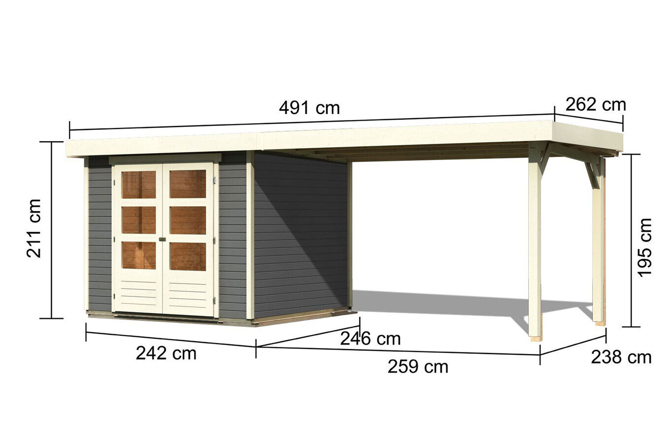 KARIBU Gartenhaus Askola 3,5, terragrau, Fichtenholz 19mm, 528,5 x 246 x 211 cm, Flachdach, seitlicher Anbau 2,8m 30539-1 05.jpg