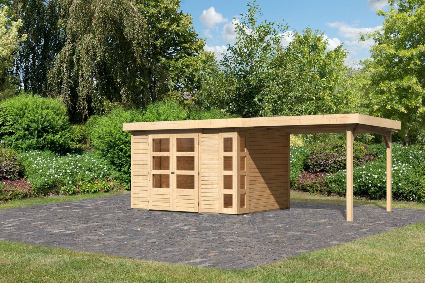 KARIBU Gartenhaus Kerko 5, naturbelassen, Fichtenholz 19mm, 591,5 x 246 x 210 cm, Flachdach, Anbau 2,8m 30546-1 01.jpg