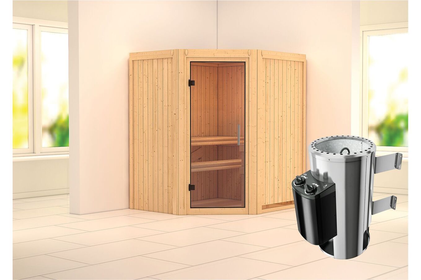 KARIBU Systemsauna Tonja, Fichtenholz 68mm, Eckeinstieg, ca. 2,3m² 1 18458-26.jpg