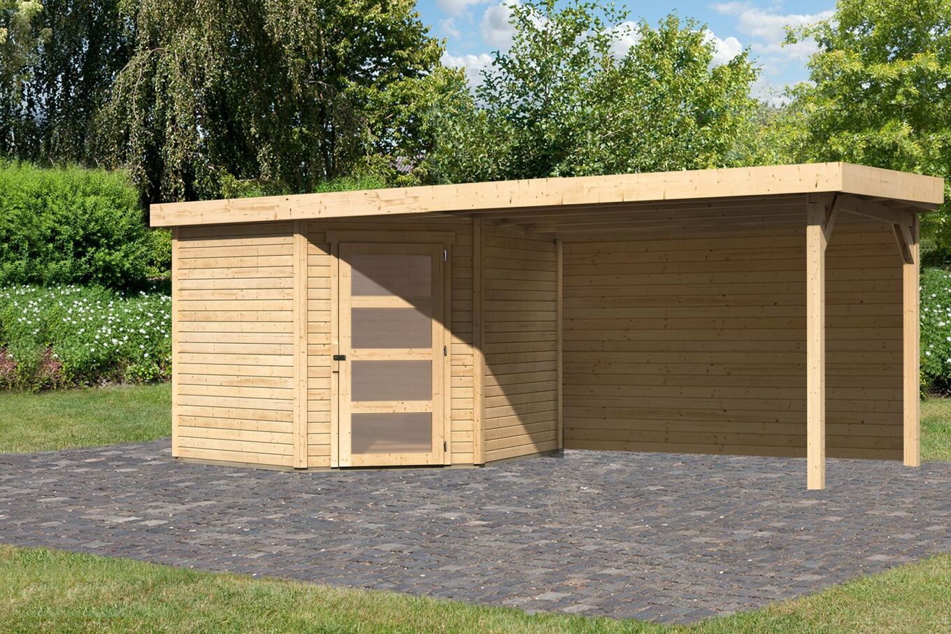 KARIBU Gartenhaus Schwandorf 5, naturbelassen, Fichtenholz 19mm, 530 x 246 x 218 cm, Flachdach, Anbau 2,8m mit Rückwand 30551-3 01.jpg