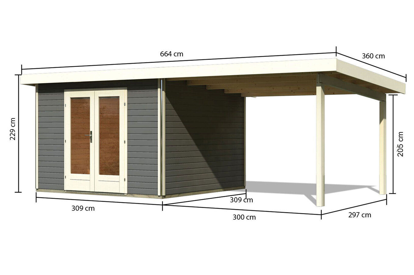 KARIBU Gartenhaus Radeburg 1, terragrau, Fichtenholz 40mm, 664 x 309 x 229,5 cm, Pultdach, Anbau 3,3m 30474-2 05.jpg