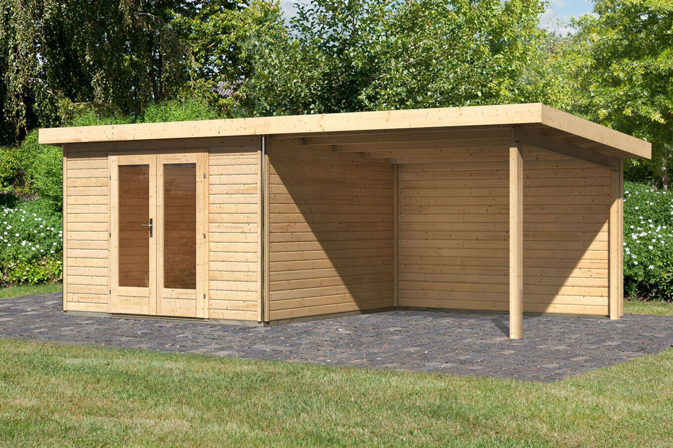 KARIBU Gartenhaus Radeburg 1, naturbelassen, Fichtenholz 40mm, 664 x 309 x 229,5 cm, Pultdach, Anbau 3,3m mit Rückwand 30475-1 01.jpg