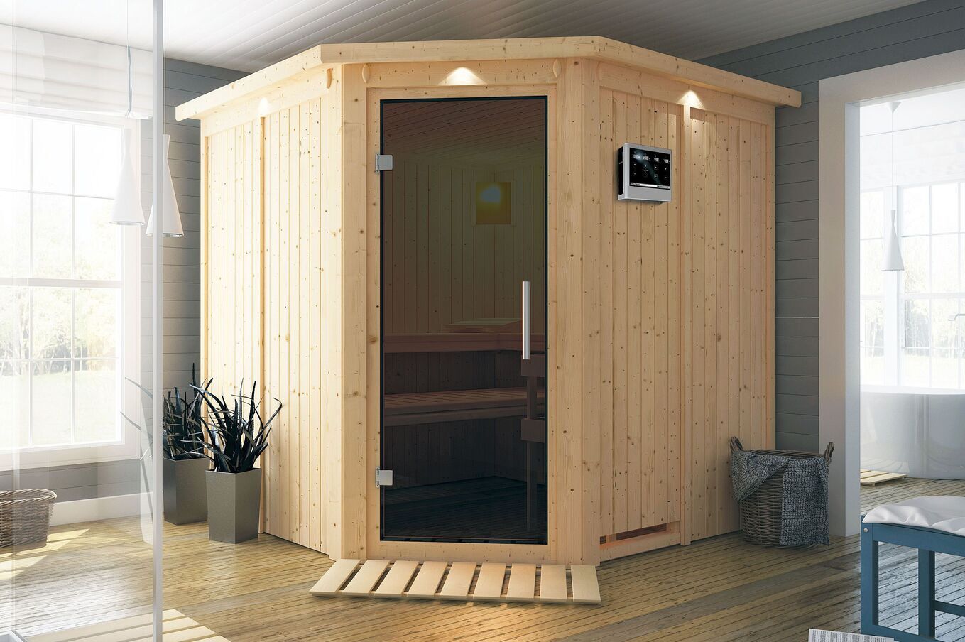 KARIBU Systemsauna Jarin, Fichtenholz 68mm, Eckeinstieg, ca. 3,4m² 1 18416-24.jpg