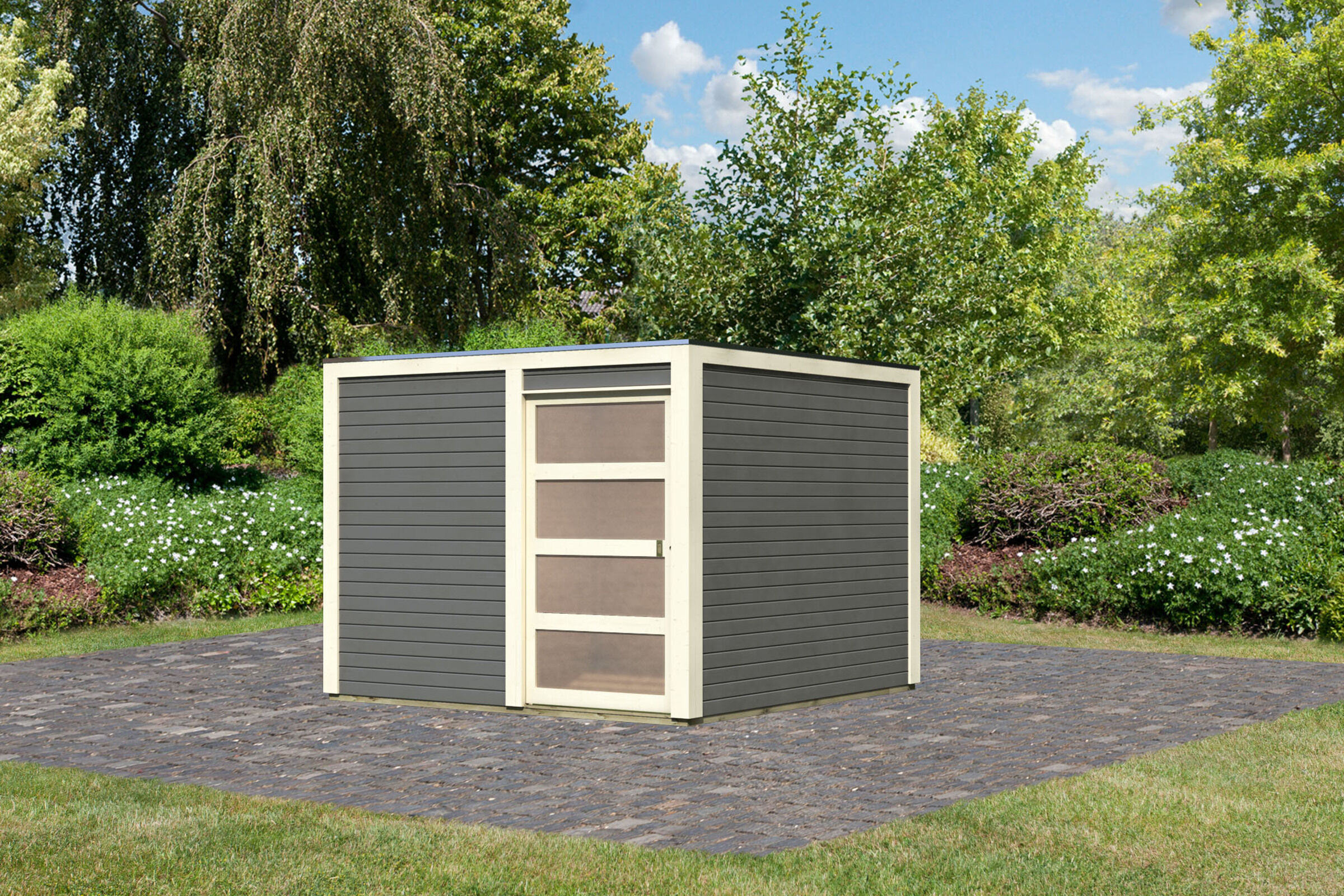 KARIBU Exklusivmodell Quadro Gartenhaus, terragrau, nordische Fichte, 276 x 276 x 214 cm 93547