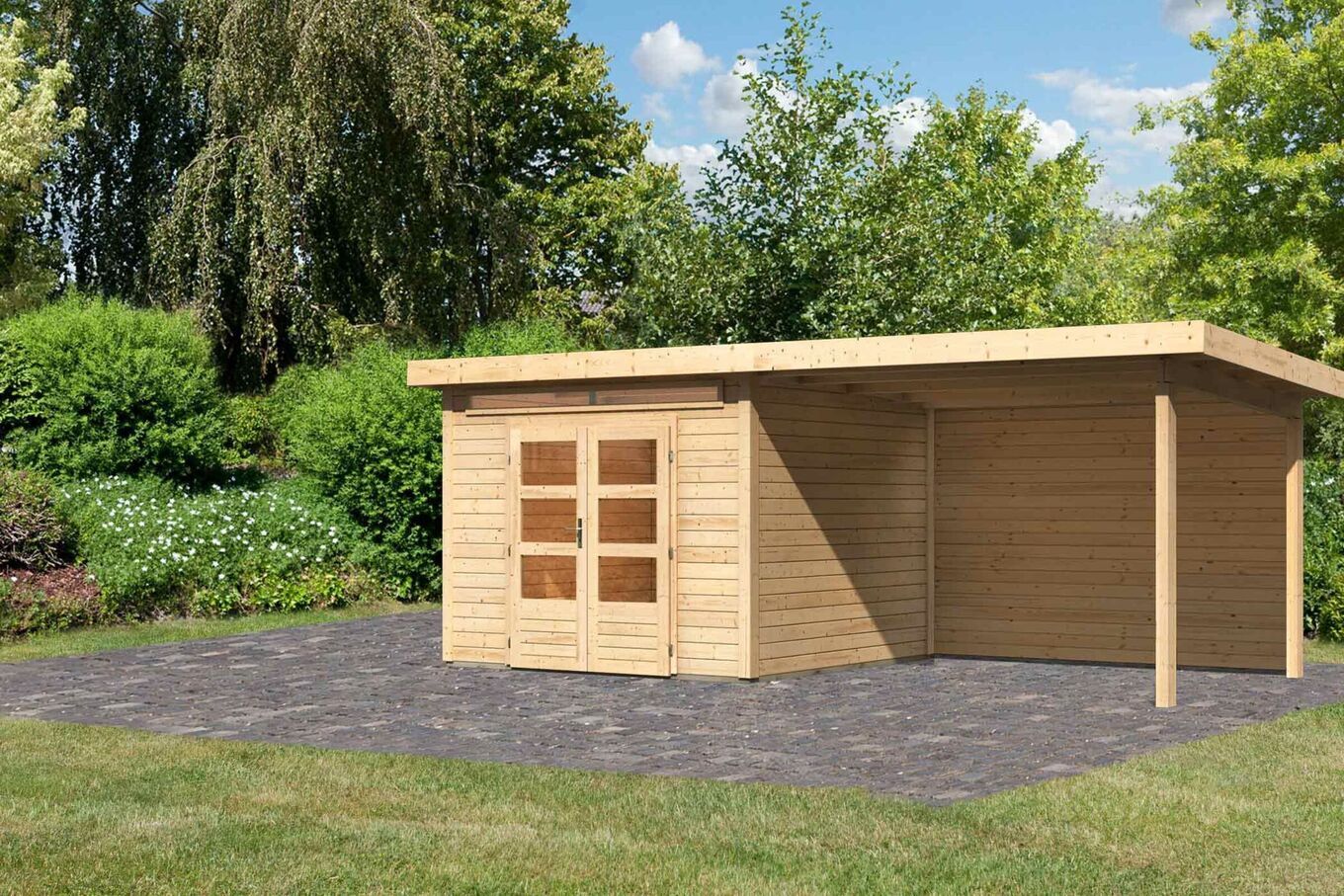 KARIBU Gartenhaus Kandern 6, naturbelassen, Fichtenholz 28mm, 612 x 274 x 222 cm, Pultdach, Anbau 3,2m mit Rückwand 30559-1 01.jpg