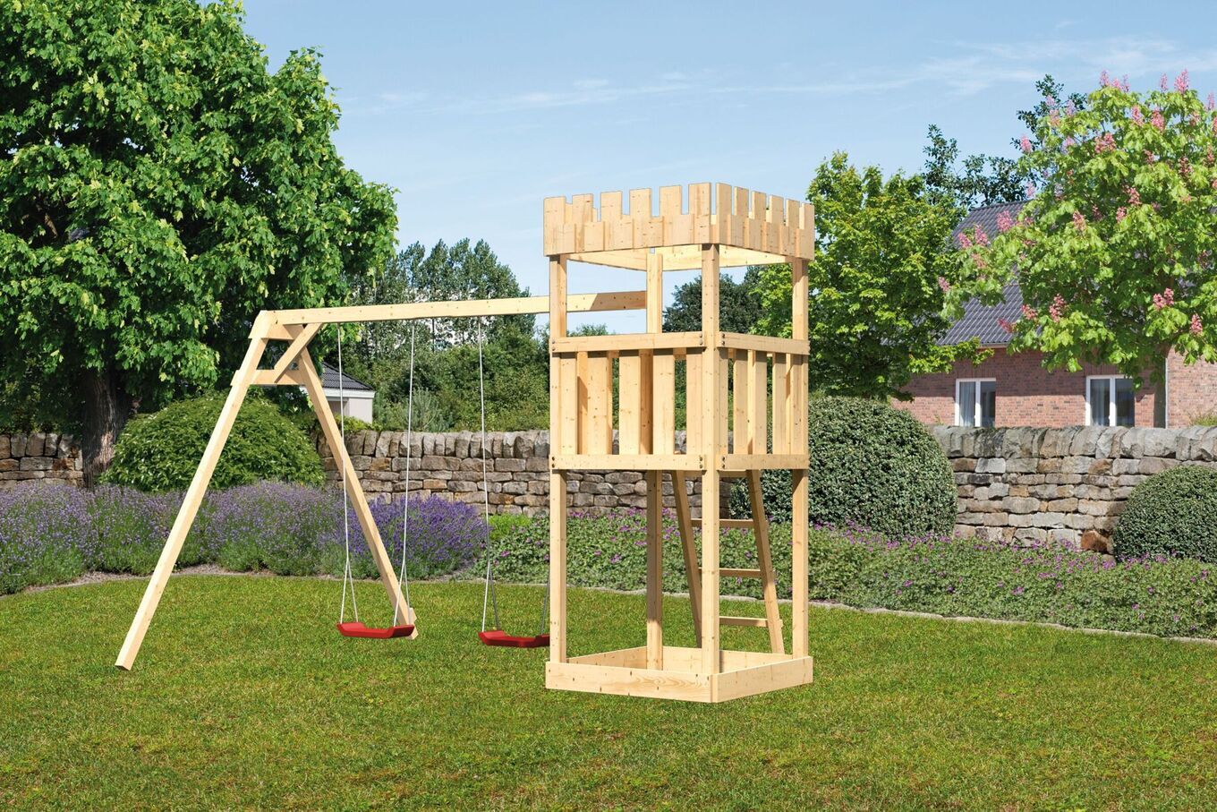 KARIBU Löwenherz Ritterburg, naturbelassen, nordische Fichte, 347x264x260cm, mit Doppelschaukel 30601-2 01.jpg