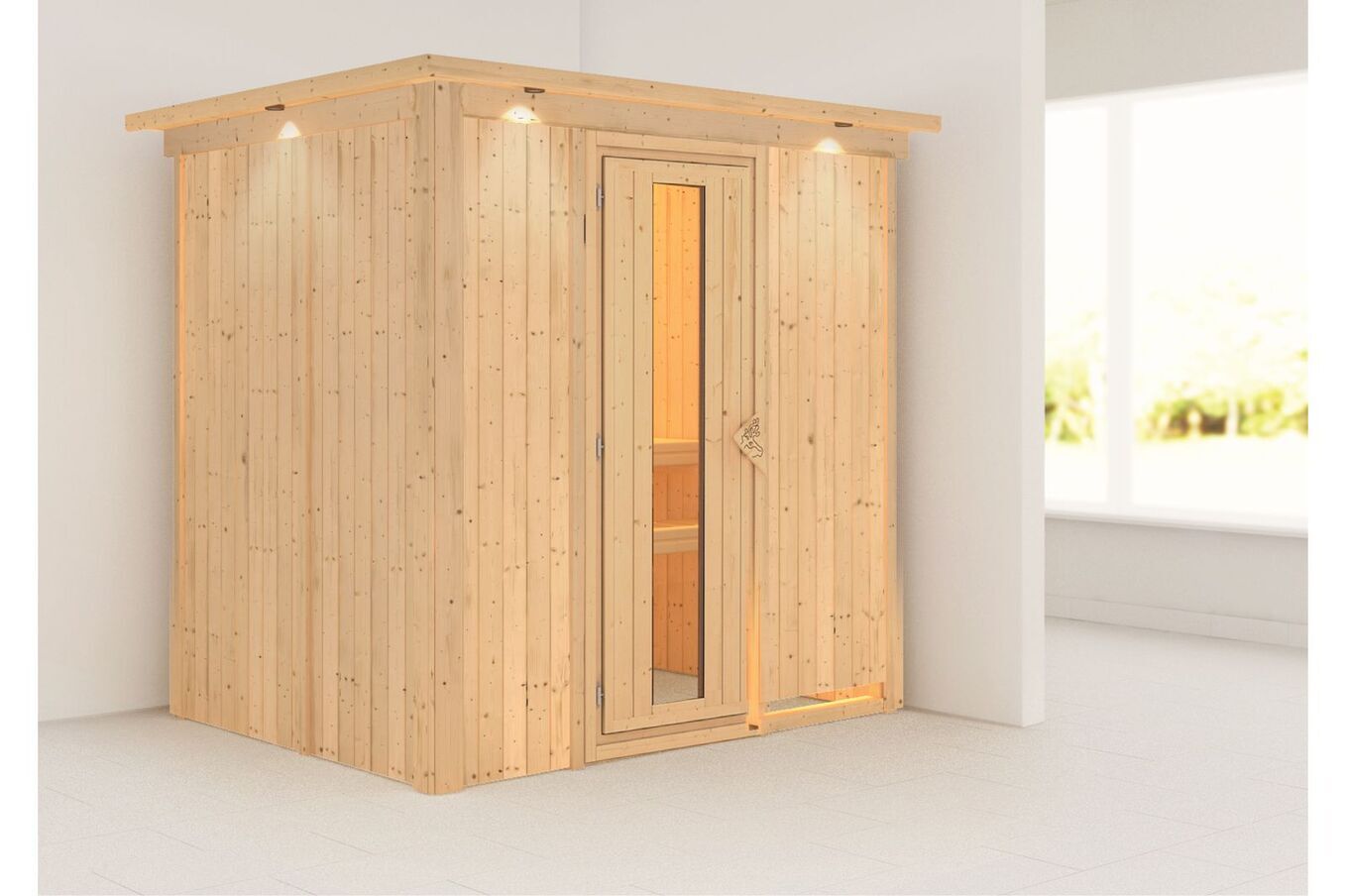 KARIBU Systemsauna Fanja, Fichtenholz 68mm, Fronteinstieg, ca. 2,7m² 1 18460-5.jpg