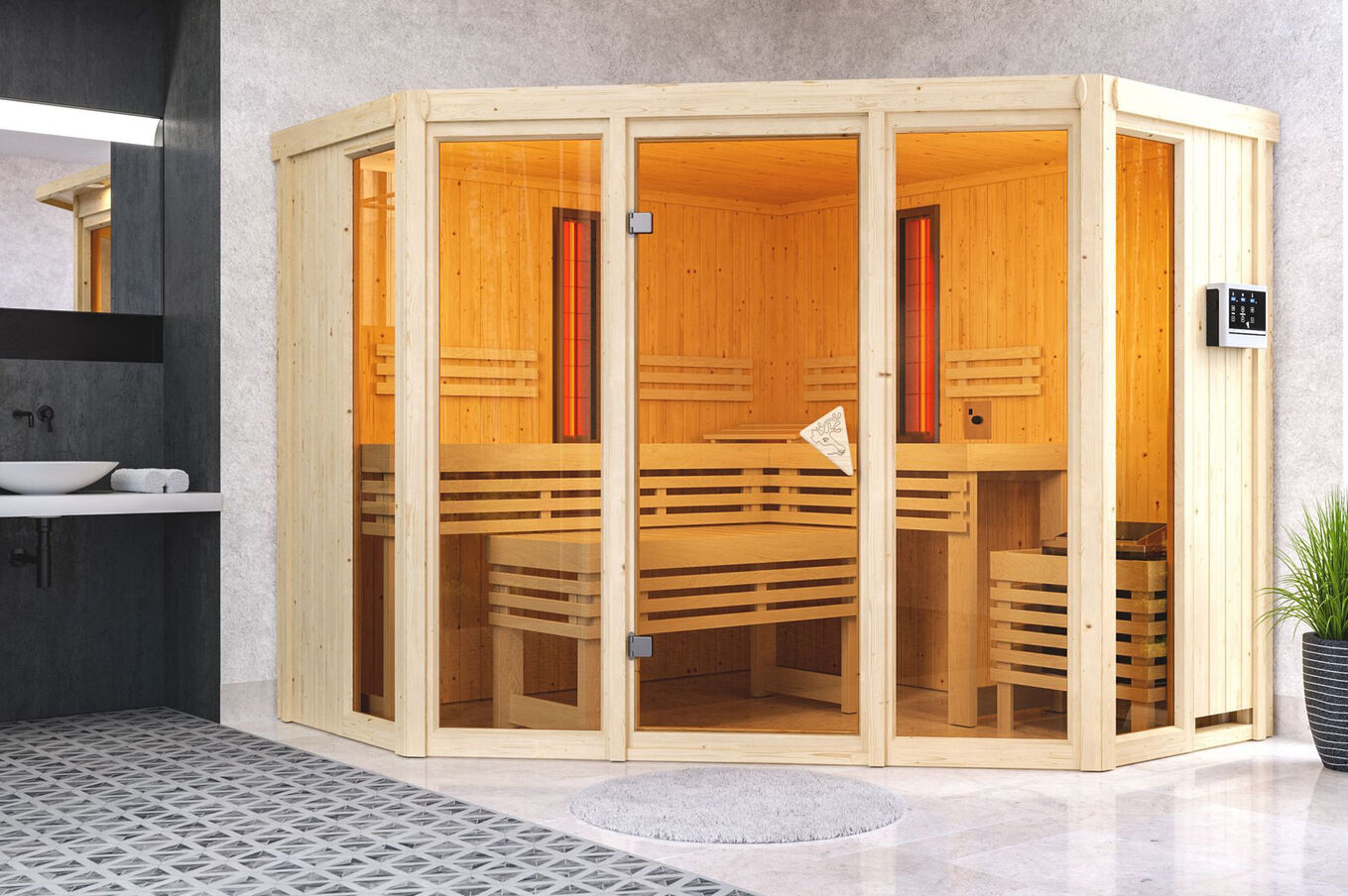 KARIBU Infrarotkabine Asta, Fichtenholz 68 mm, Eckeinstieg, ca. 3,6m² 1 20267-1.jpg