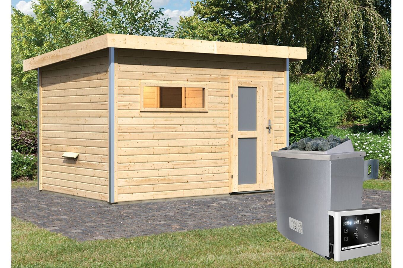 KARIBU Saunahaus Skrollan 2, Fichtenholz 38mm, Fronteinstieg, ca. 7,5m² 2 18482-7.jpg