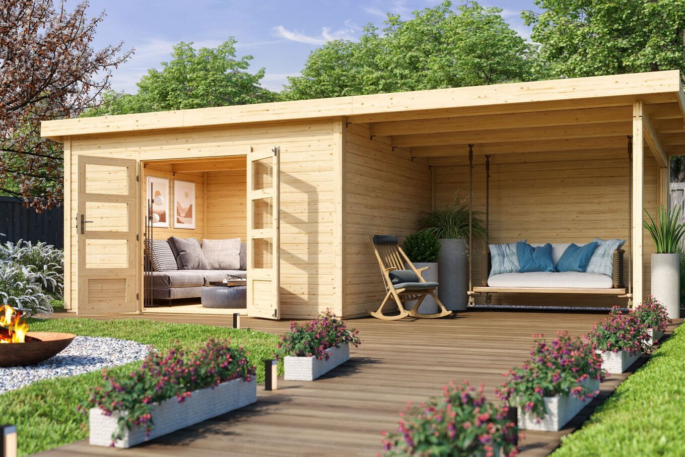 KARIBU Gartenhaus Northeim 4, naturbelassen, Fichtenholz 40mm, 724 x 309 x 229 cm, Pultdach, Anbau 3m mit Rückwand 30561-3 01.jpg