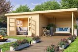 KARIBU Gartenhaus Northeim 4, naturbelassen, Fichtenholz 40mm, 724 x 309 x 229 cm, Pultdach, Anbau 3m mit Rückwand 30561-3 01.jpg