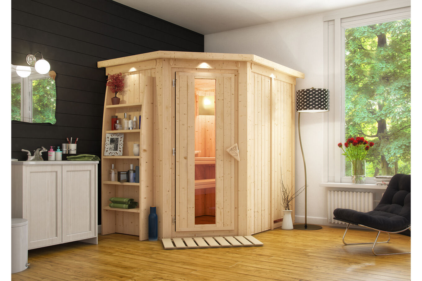 KARIBU Caspin Energiespar-Sauna, naturbelassen, Fichte, 210x165x202 cm, mit Kranz und 3,6 kW Ofen integr. Steuerung 31391-2 01.jpg