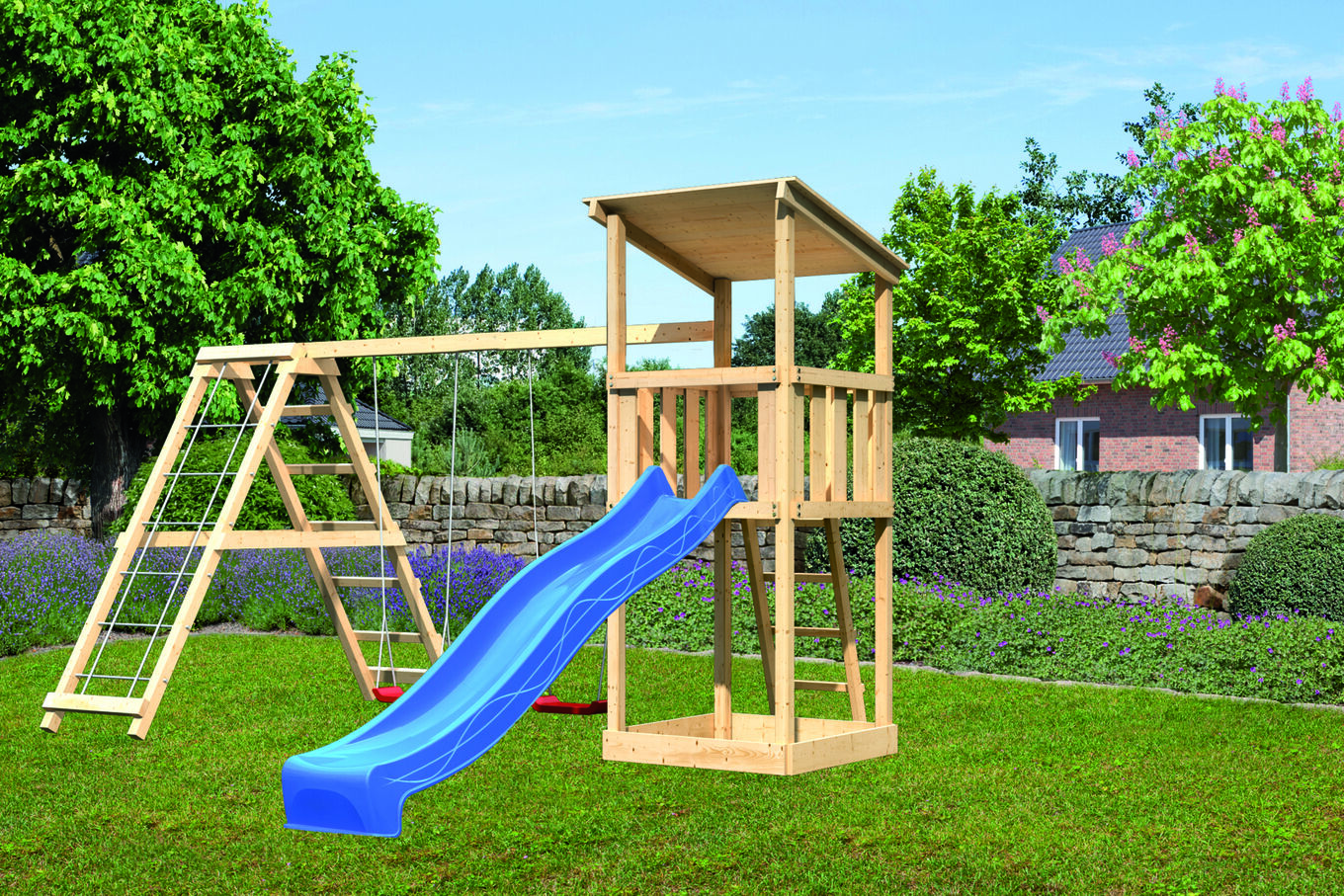 KARIBU Anna Turm, naturbelassen, nordische Fichte, 415x264x270cm, mit Rutsche blau,Doppelschaukel und Gerüst 30407-9 02.jpg