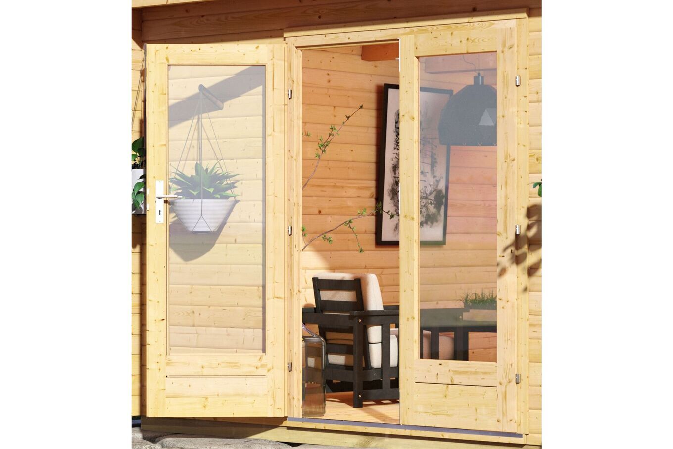 KARIBU Mainburg 4 Saunahaus, naturbelassen, Fichte, 490x368x229 cm, SET B mit Doppelflügeltür, Vorraum und 9 kW Ofen 31324-2 03.jpg