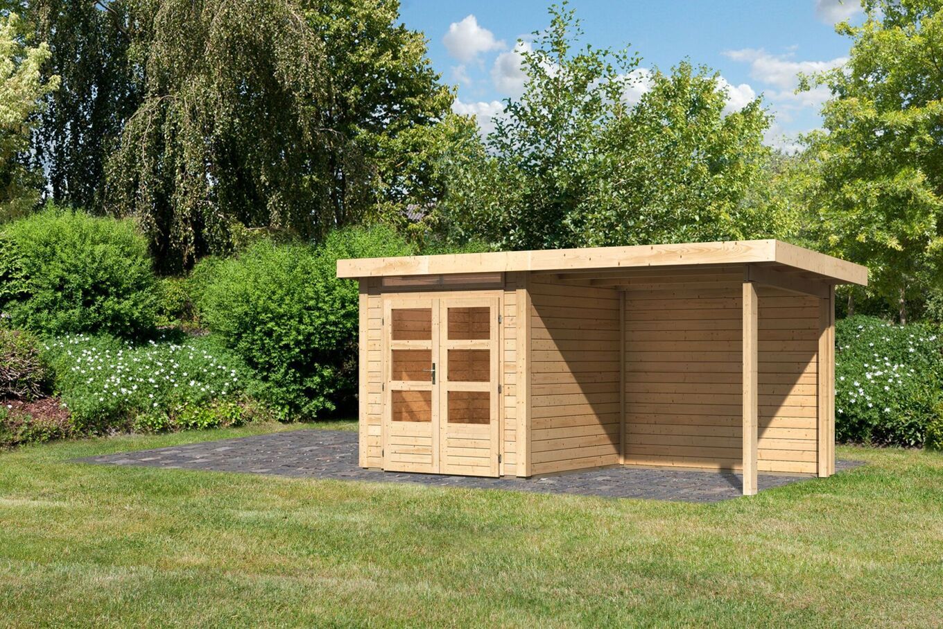 KARIBU Gartenhaus Kandern1 , naturbelassen, Fichtenholz 28mm, 482 x 204 x 41 cm, Flachdach, Anbau 2,35m mit Rückwand 30640-1 02.jpg