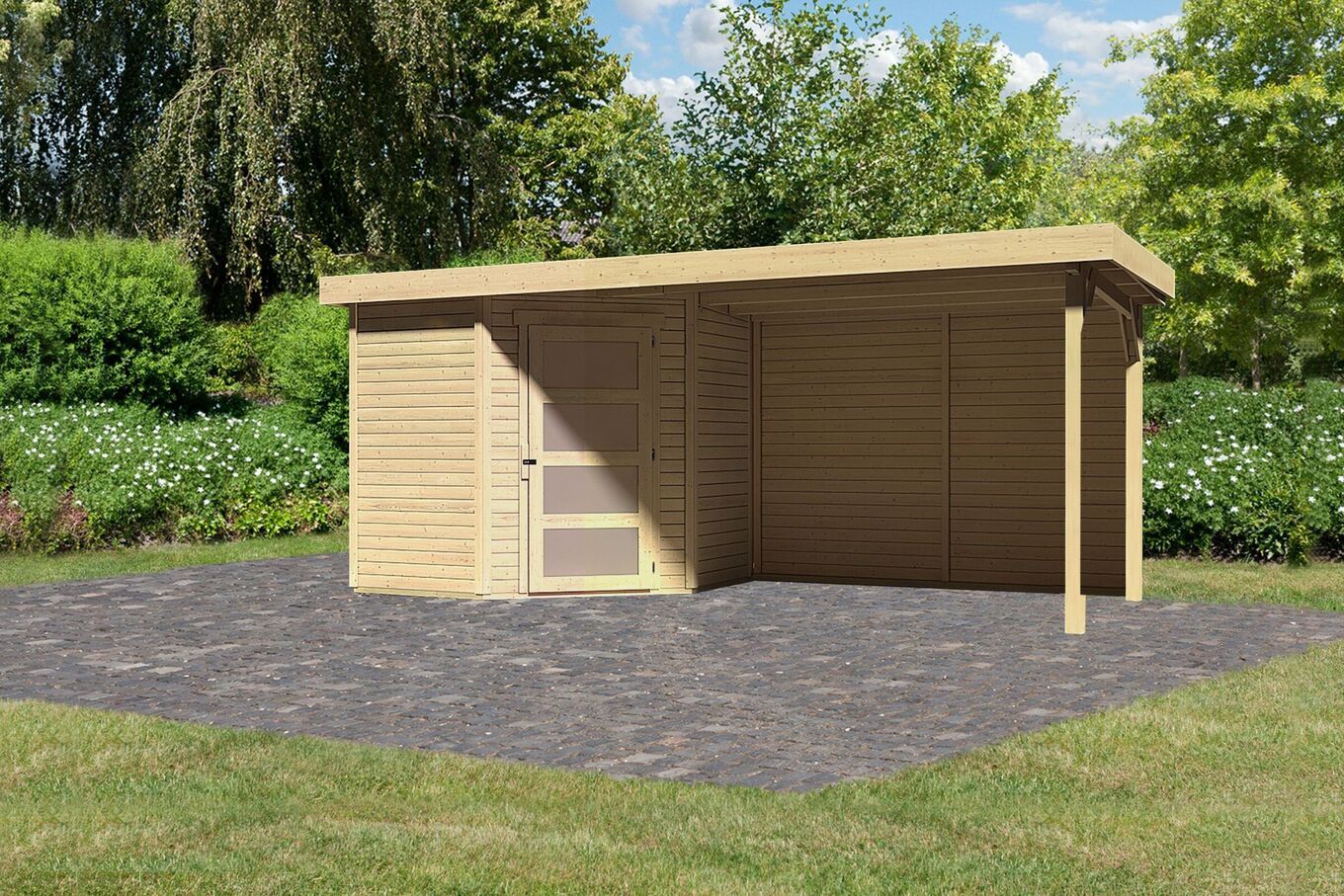 KARIBU Gartenhaus Schwandorf 3, naturbelassen, Fichtenholz 19mm, 504,5 x 217 x 218 cm, Flachdach, Anbau 2,8m mit Rückwand 30551-1 01.jpg