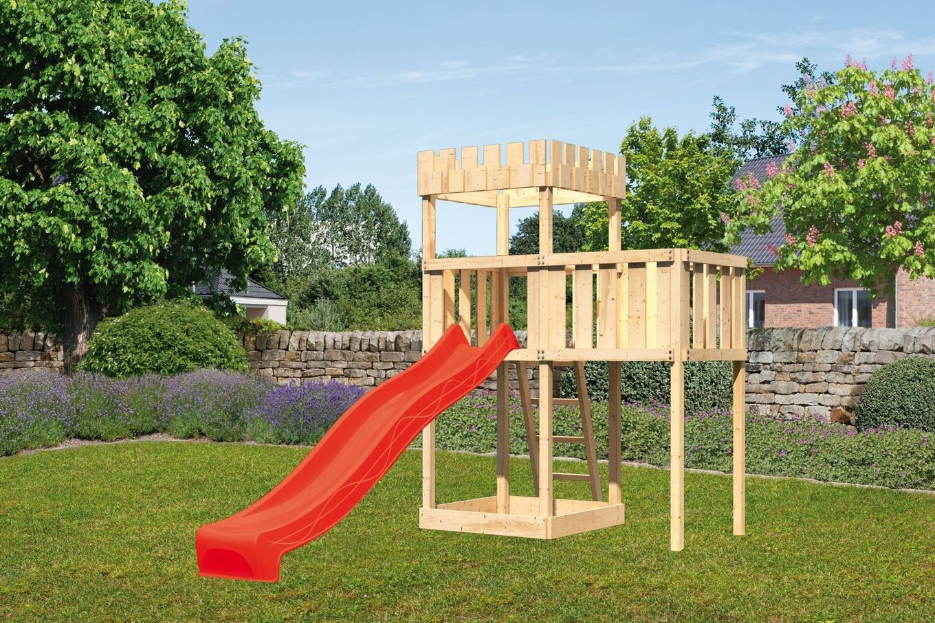 KARIBU Löwenherz Ritterburg, naturbelassen, Kunststoff, 214x107x260cm, Rutsche rot und Anbauplattform 30601-17 01.jpg