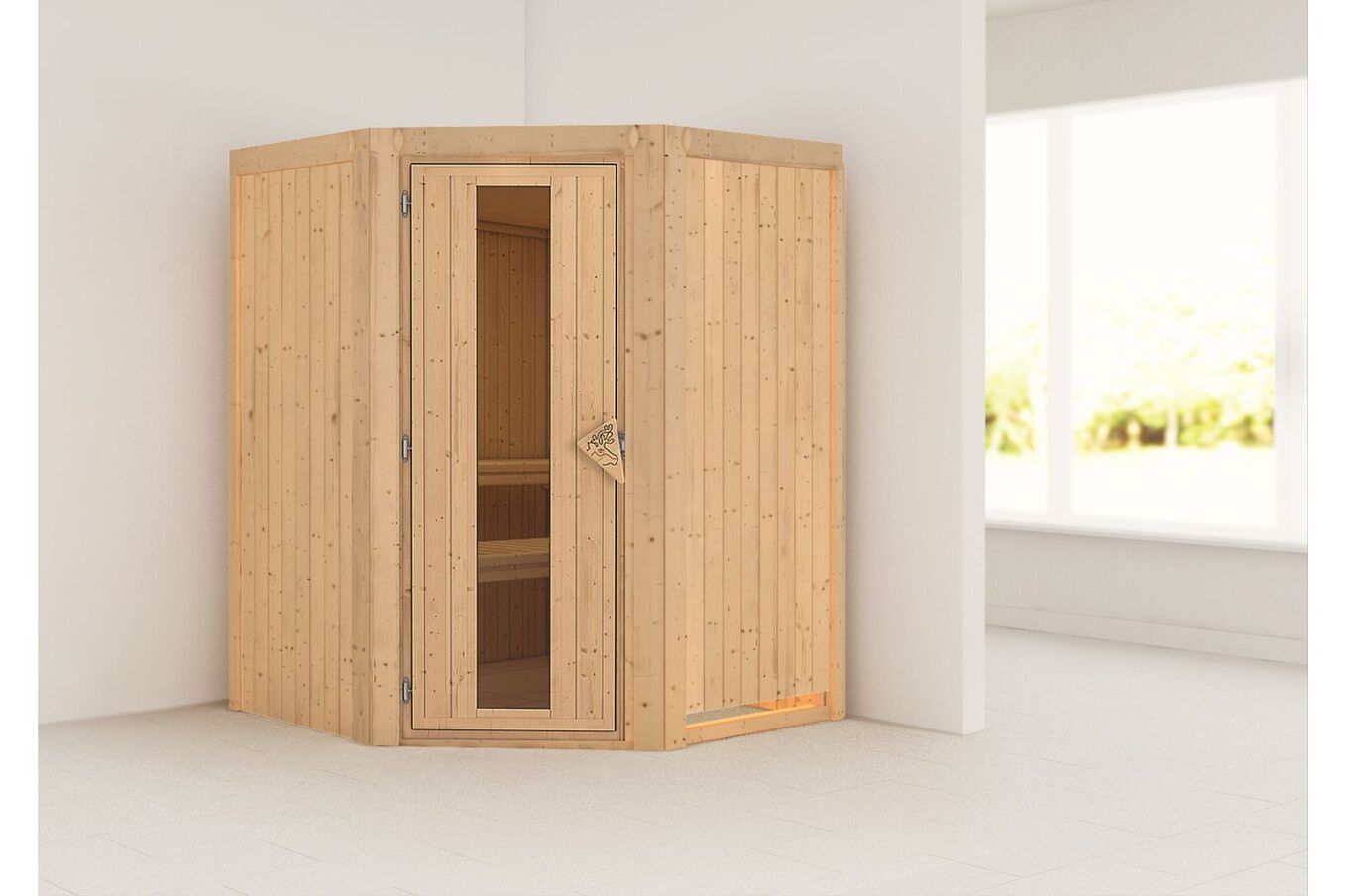 KARIBU Systemsauna Nanja, Fichtenholz 68mm, Eckeinstieg, ca. 2m² 1 18456-1.jpg