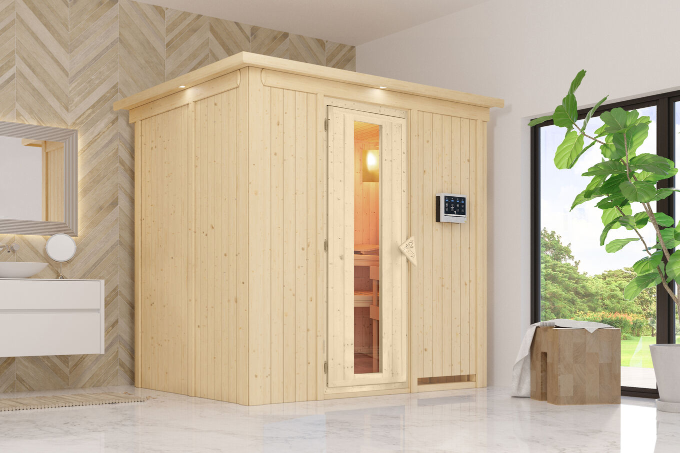 KARIBU Benin Energiespar-Sauna, naturbelassen, Fichte, 210x165x202 cm, mit Kranz und 3,6 kW Bio-Ofen ext. Steuerung 31390-4 01.jpg