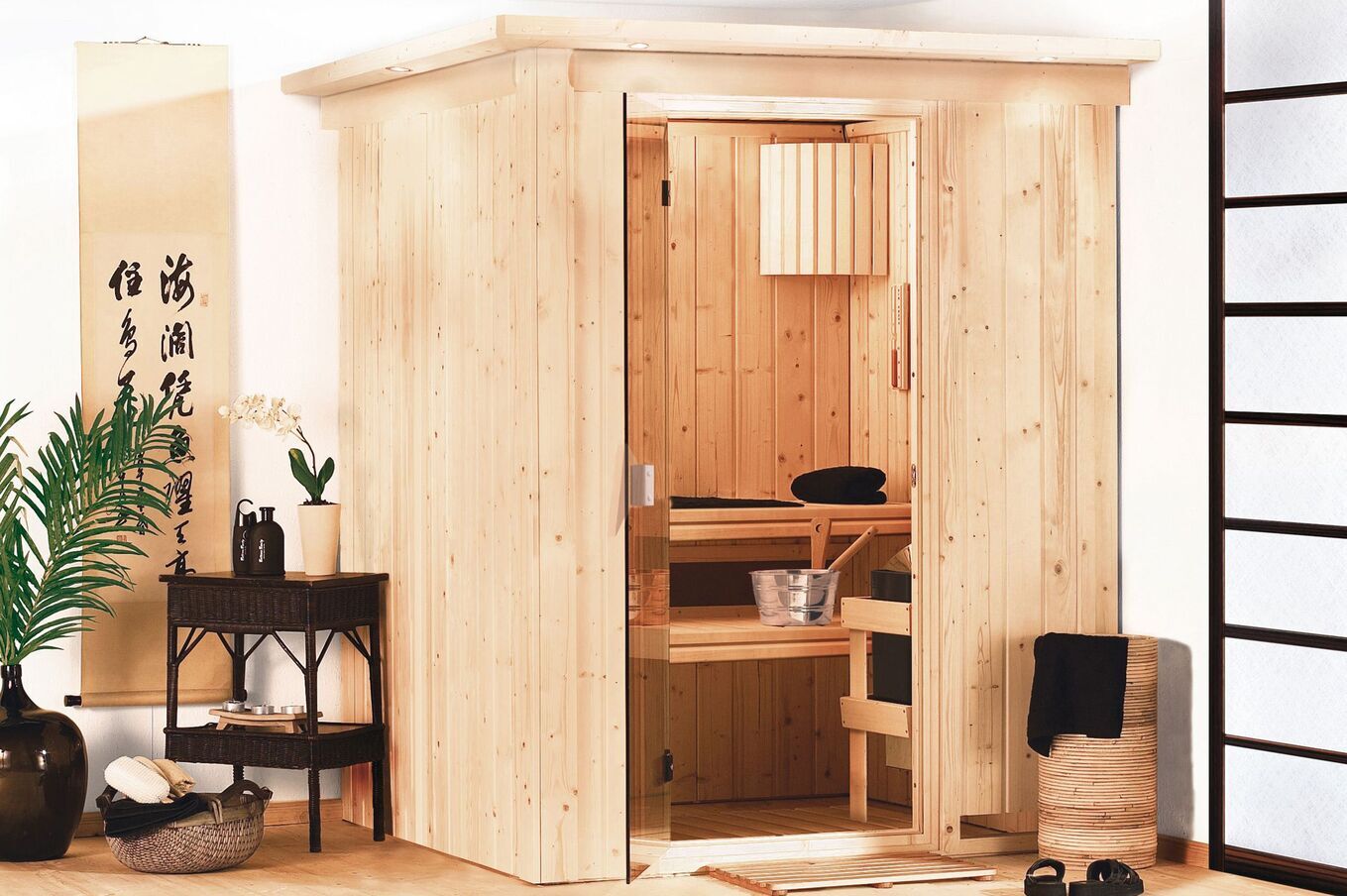 KARIBU Systemsauna Minja, Fichtenholz 68mm, Fronteinstieg, ca. 2,3m² 1 18455-9.jpg
