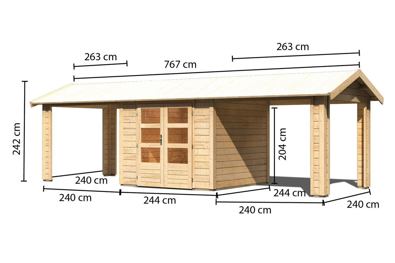 KARIBU Gartenhaus Theres 3, naturbelassen, Fichtenholz 28mm, 767 x 240 x 242 cm, Satteldach, 2 Dachausbauelemente 30472-1 05.jpg