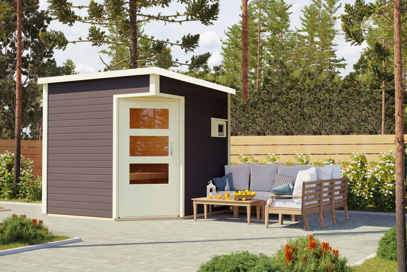 KARIBU Pelle Saunahaus, terragrau, Fichte, 231x231x227 cm, mit 9 kW Ofen ext. Steuerung 31396-5 01.jpg