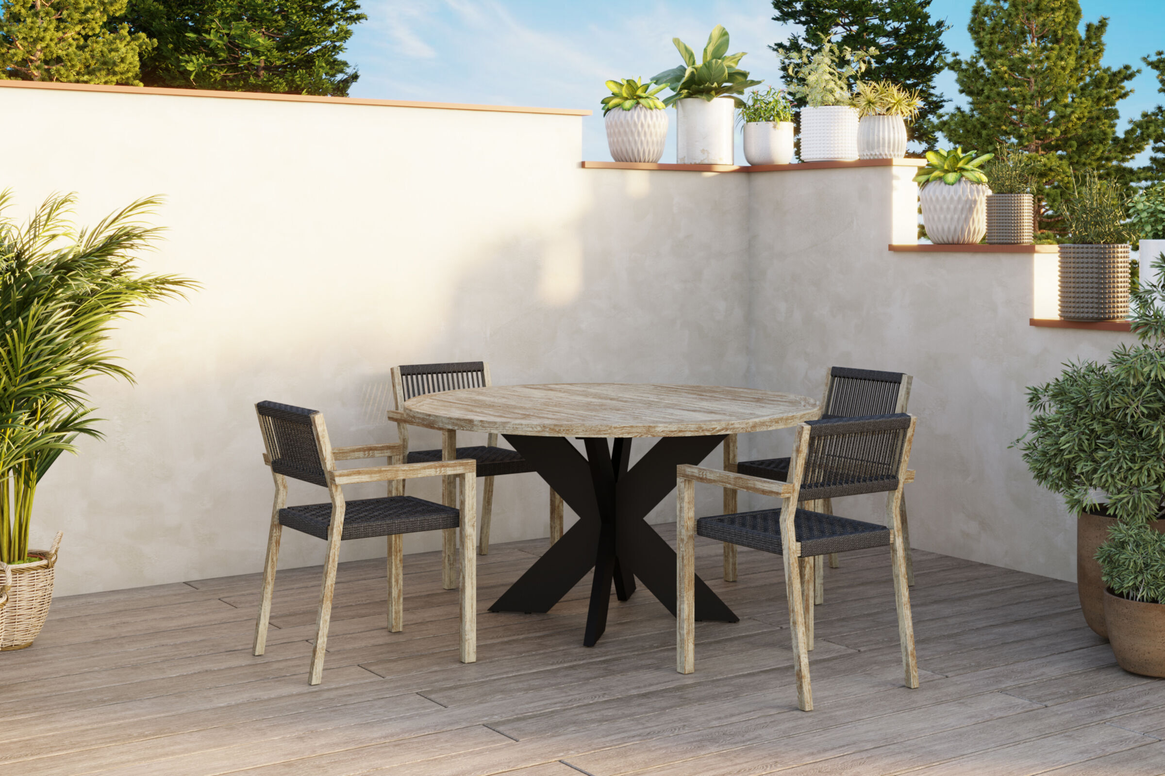 IBIZA 90's Garten-Essgruppe, anthrazit/greywashed, Alu/FSC-Teak/Rope, Tisch Ø150 cm, 4x Sessel, Tischplatte aus Teak