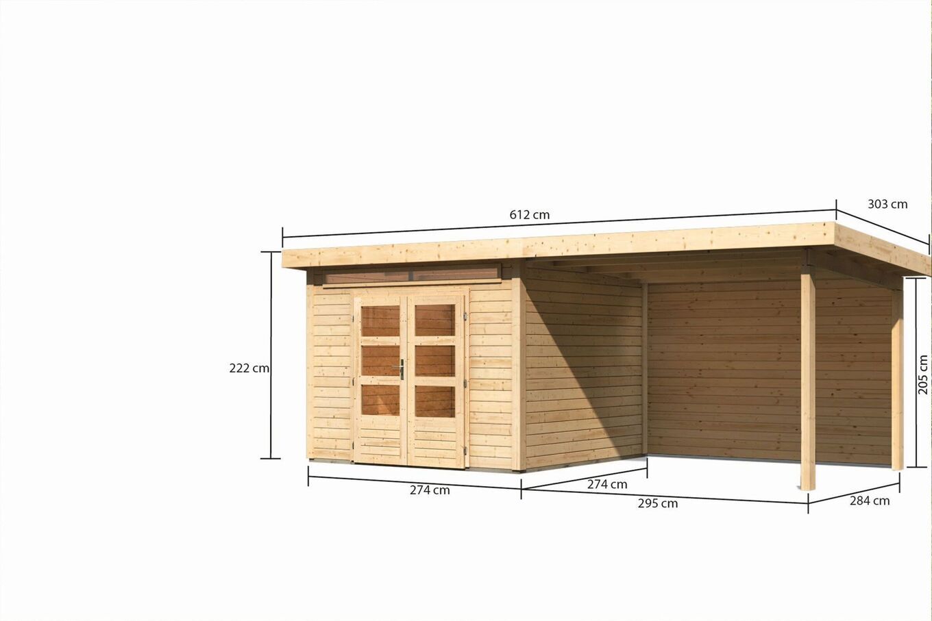 KARIBU Gartenhaus Kandern 6, naturbelassen, Fichtenholz 28mm, 612 x 274 x 222 cm, Pultdach, Anbau 3,2m mit Rückwand 30559-1 05.jpg
